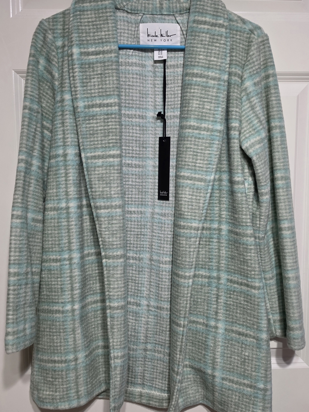 NWT-Nicole Miller New York Mint Plaid Open Front Cardigan Size:XS - Picture 3 of 8